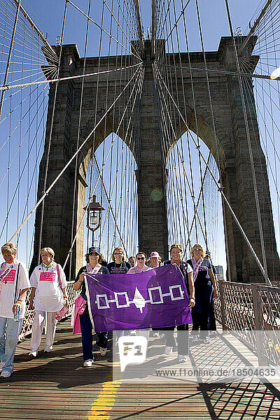 Team members from 'Mohawk Spirit' carry a Mohawk flag across the Brooklyn Bridge during the Avon Walk for Breast Cancer in New Y