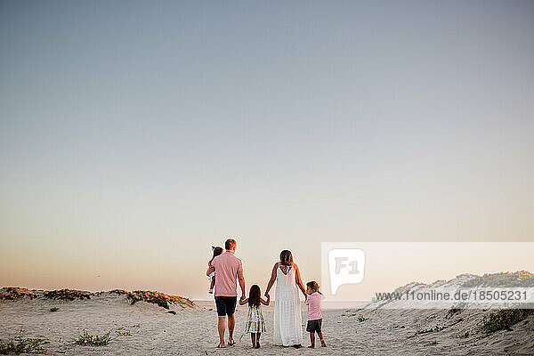 Family of Five Holding Hands & Walking on Coronado Beach in San Diego