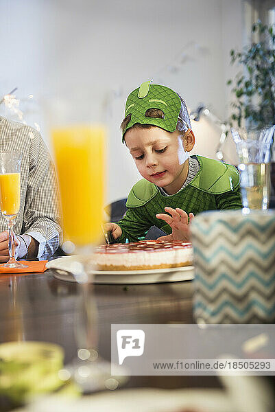 Little boy with cake in costume celebrating birthday