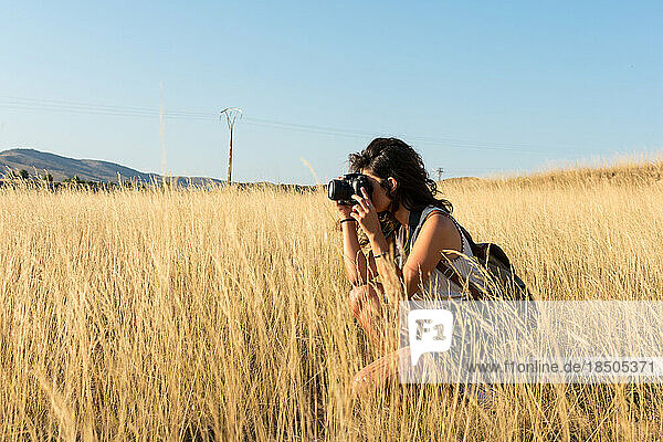 Young woman is taking a picture with a camera in a meadow at sun