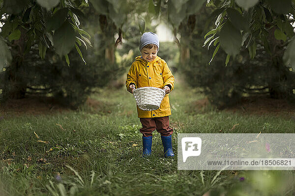 Boy in yellow raincoat  brown trausers and blue wellingtons hold