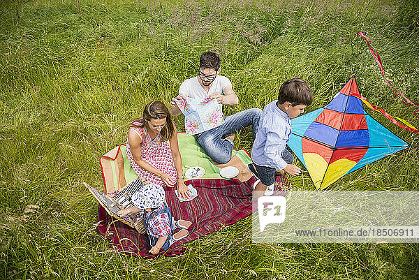 Directly above shot of nuclear family enjoying picnic in the countryside  Bavaria  Germany
