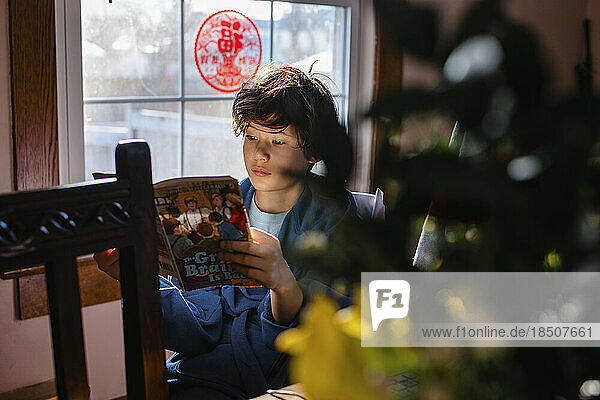 A young boy sits at table in window light reading a book