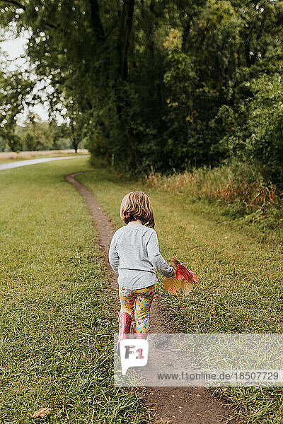 Young girl walks on dirt trail while holding fall leaves in hand