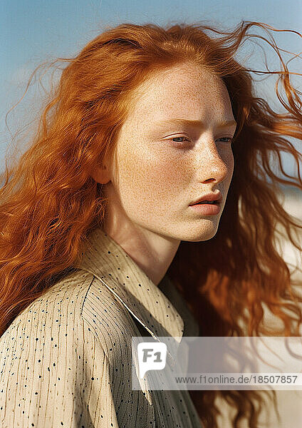 portrait of sad red haired young woman