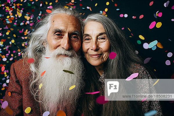 Generative AI. Portrait of a senior couple celebrating in studio