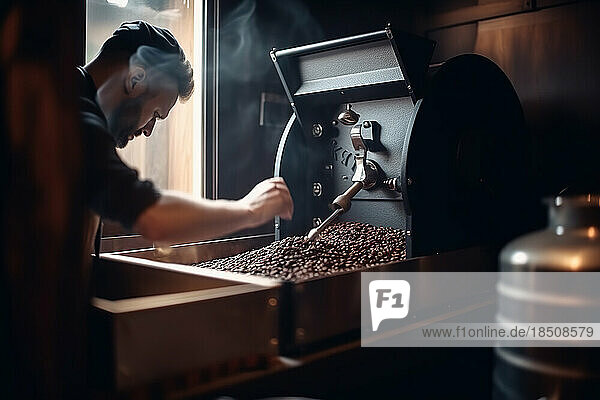 Fresh coffee beans in the basket. Generative AI