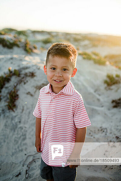 Portrait of Four Year Old Boy on Beach in San Diego at Sunset