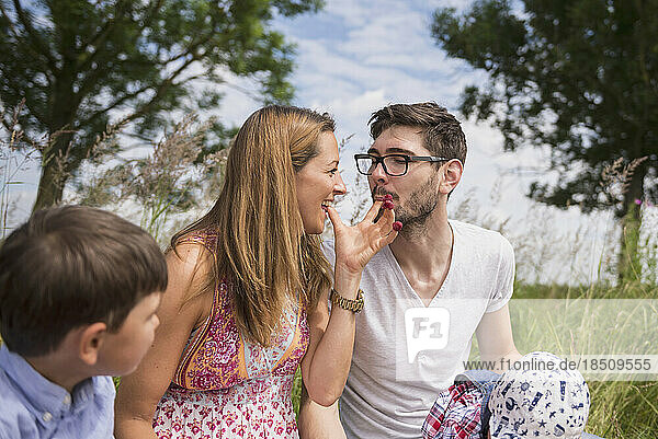 Couple eating raspberries from fingers on meadow in the countryside  Bavaria  Germany