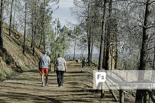 Rear view of senior couple walking down in park