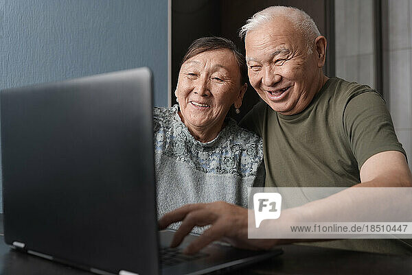 Serene senior couple at home using laptop for online shopping
