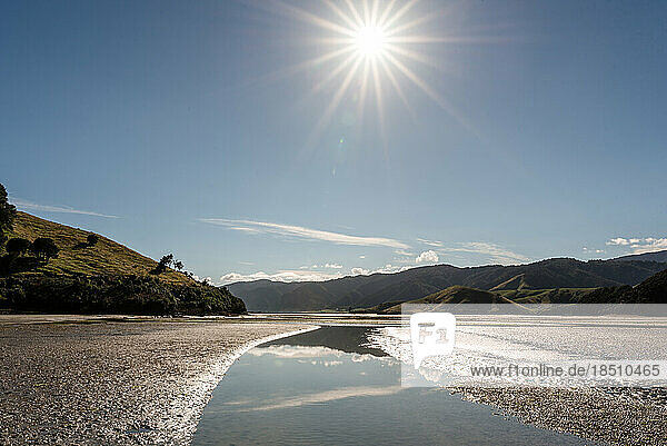 Landscape view of Cable Bay  New Zealand on a sunny day