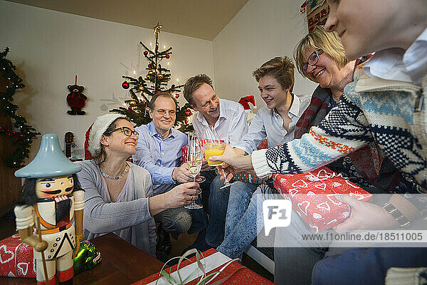 Family clinking glasses during Christmas celebration at home