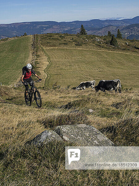 Man riding electric mountain bike on cycling tour in the Vosges  France