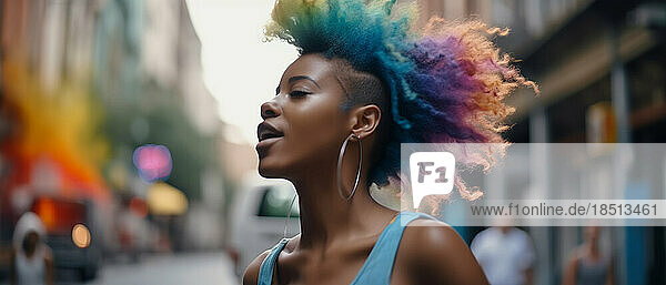 Portrait of a afro woman with colorful hair on the street