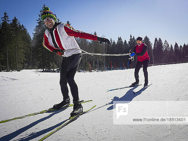 Men learning cross country skiing course  Black-Forest  Baden-Württemberg  Germany