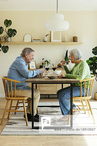 Happy senior couple enjoying lunch at home