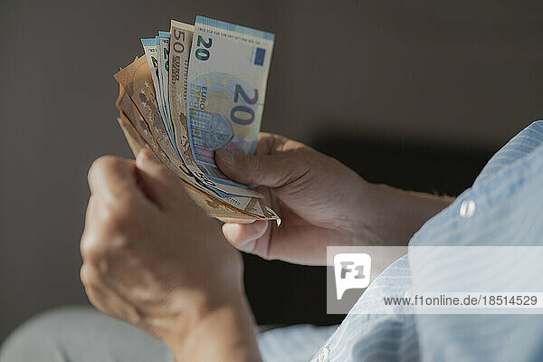Hands of senior man counting European paper Currency