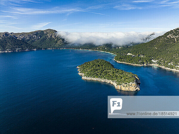 Spain  Balearic Islands  Port de Pollenca  Aerial view of Illa del Geret islet and surrounding landscape