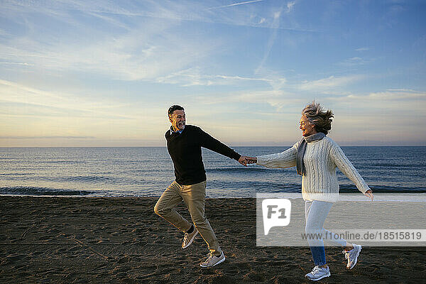 Cheerful mature couple holding hands and running at coastline