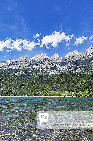 Switzerland  St Gallen Canton  Scenic view of Lake Walen and Churfirsten range