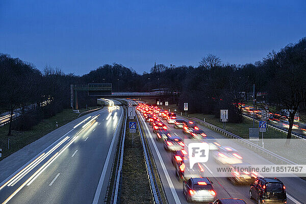 Germany  Bavaria  Long exposure of traffic jam on multiple lane highway at night