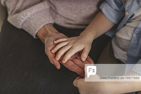 Grandson touching hand of senior woman at home