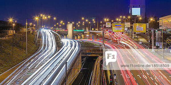 Germany  Baden-Wurttemberg  Stuttgart  Vehicle light trails on federal highways B10 and B27 at night