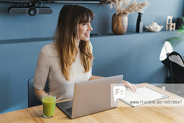 Smiling freelancer with laptop sitting at desk in home office