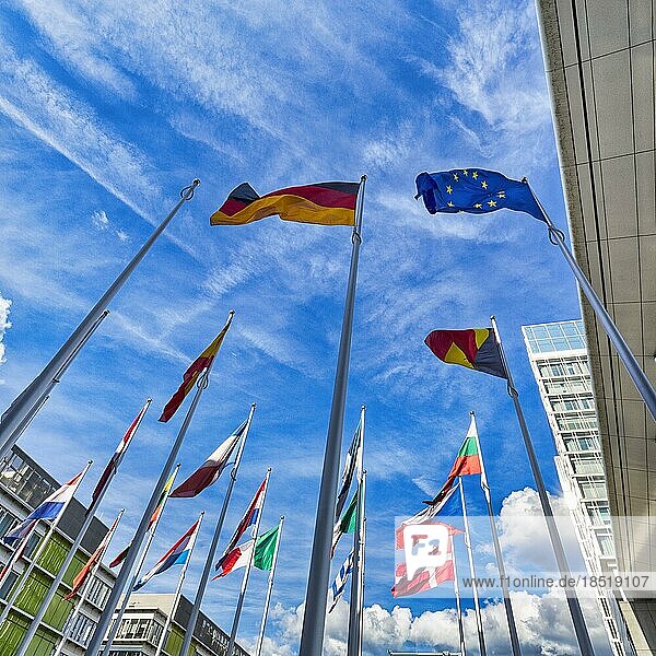 Europäisches Parlament  EU-Parlament  Flaggen europäischer Länder und Flagge der Europäischen Union  Europaviertel Kirchberg-Plateau  Luxemburg  Europa