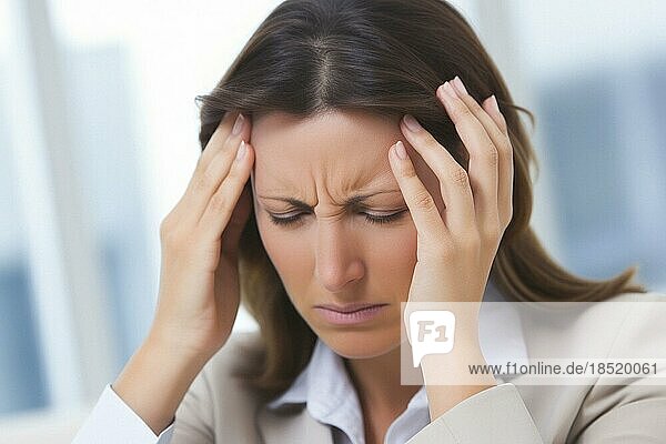 Frau hält sich verzweifelt mit der Hand den Kopf  Kopfschmerzen  Überlastung  AI generiert
