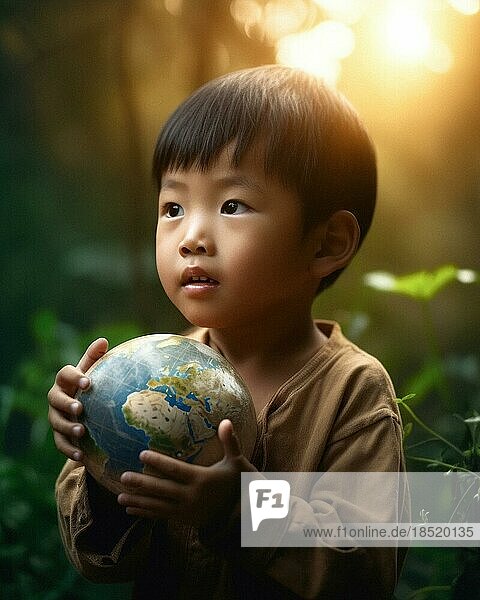 A young Asian boy gently holds a globe in his hands  warm light of the evening sun  concept Children & Climate Protection  AI generates
