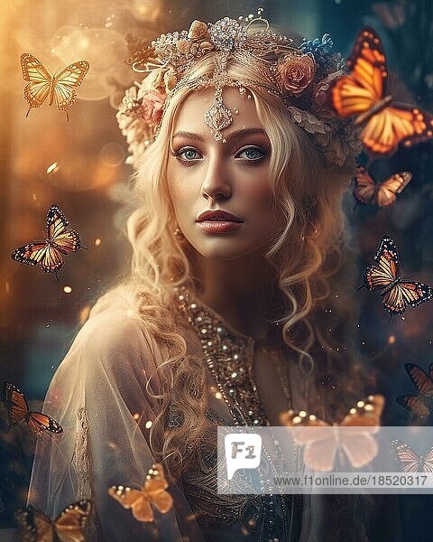 Eine prunkvoll gekleidete  junge blonde Frau in weichem Licht ist umgeben von Schmetterlingen  Halsschmuck  Fantasiebild Prinzessin  AI generiert