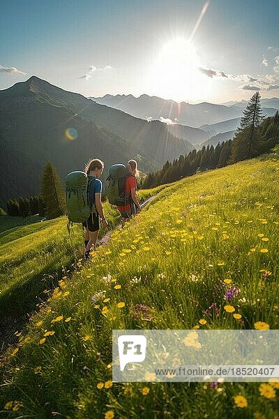 Mountain Hiking  Two woman with backpacks  hiking in a summer meadow in the Alps  summer day with blue sky  high mountain peaks in the back  AI generated