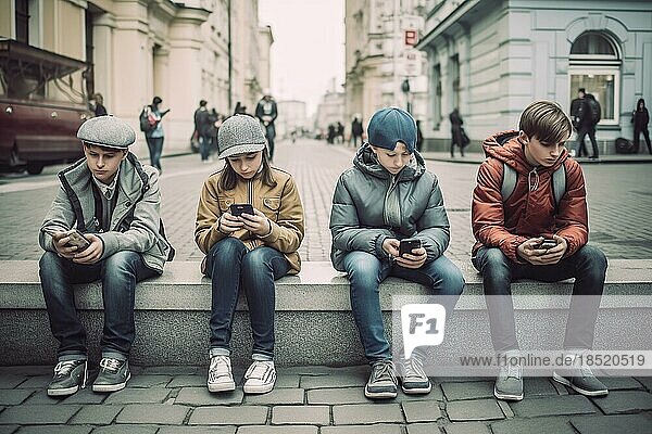Vier Kinder sitzen am Straßenrand und beschäftigen sich mit ihrem Handys  AI generiert