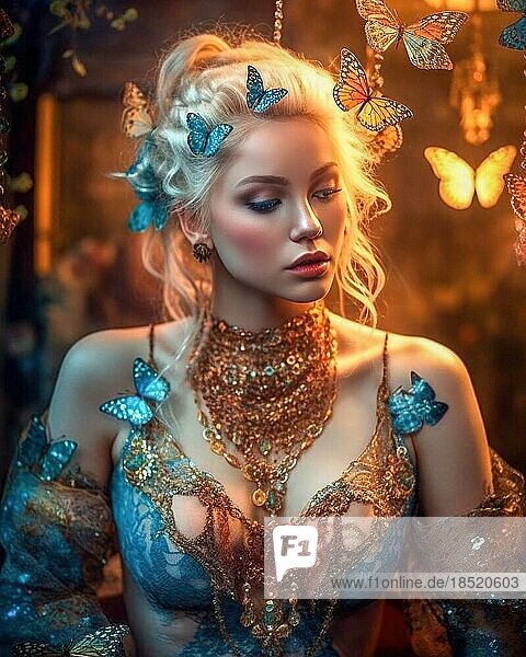 Eine prunkvoll gekleidete  junge blonde Frau in weichem Licht ist umgeben von Schmetterlingen  Halsschmuck  Abendkleid  Fantasiebild Prinzessin  AI generiert