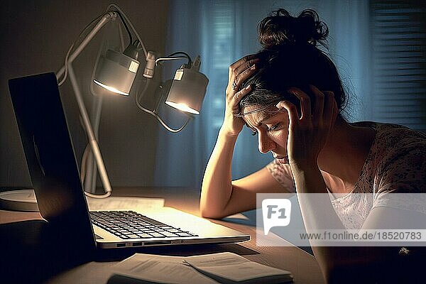 Young woman sitting exhausted at a notebook  burnout syndrome  overload  motivation  AI generated