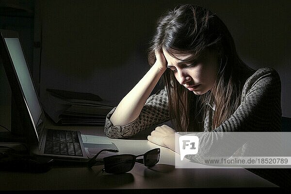Young woman sitting exhausted at a notebook  burnout syndrome  overload  motivation  AI generated