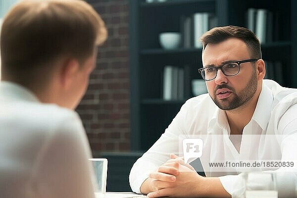 Ein junger Mann mit Brille in weißem Hemd im Gespräch mit einem Kunden in einem Büro  Beratung  AI generiert