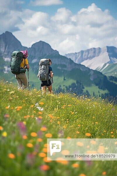 Two mountain hikers with backpacks  hiking in a summer meadow in the Alps  summer day with blue sky  high mountain peaks in the background  AI generated