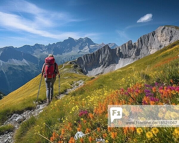 A mountain hiker with backpack  hiking in a summer meadow in the Alps  summer day with blue sky  high mountain peaks behind  AI generated