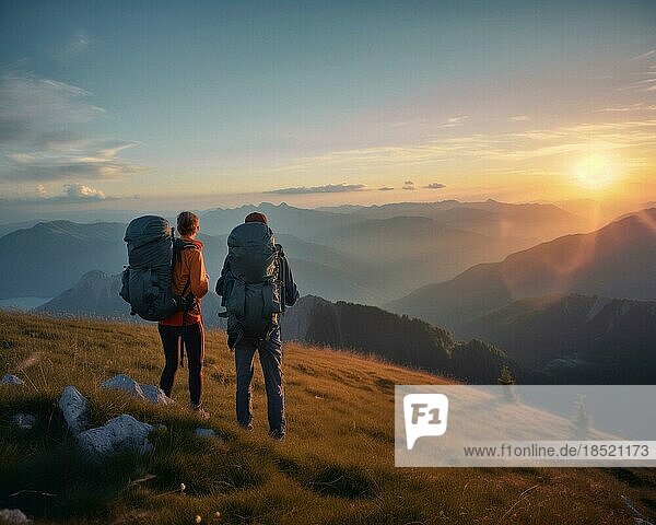 Mountain Hiking Two hikers with backpacks  hiking in a summer meadow in the Alps  sunset  high mountain peaks in the back  AI generated