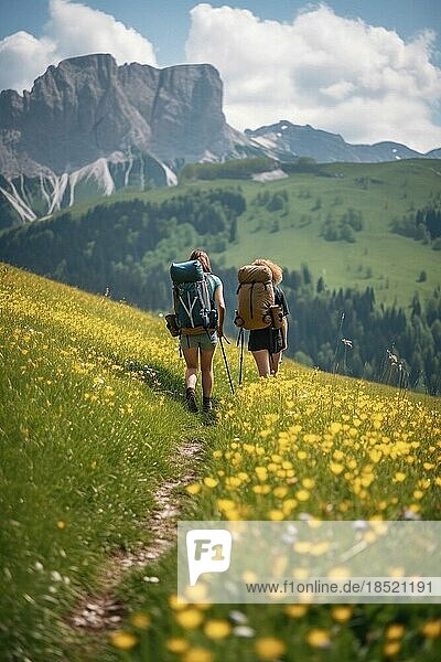 Mountain hiking  Two woman with backpacks  Hiking in a summer meadow in the Alps  Summer day with blue sky  AI generated