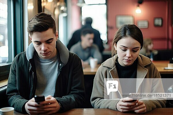A young couple in a restaurant engages with their mobile phones  AI generates