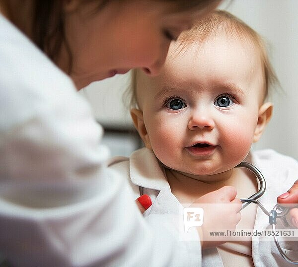 A blonde baby is examined by a female doctor  AI generated
