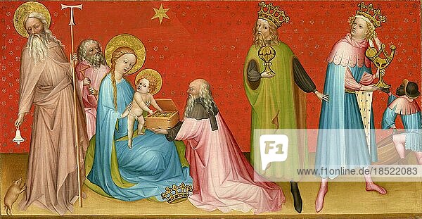 Die Anbetung der Heiligen Drei Könige mit dem Heiligen Antonius Abbote  Historisch  digital restaurierte Reproduktion von einer Vorlage aus dem 18. oder 19. Jahrhundert