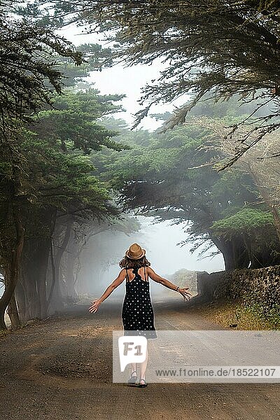Eine Touristin spaziert durch die nebligen Bäume in Richtung des Wacholderwaldes auf El Hierro. Kanarische Inseln