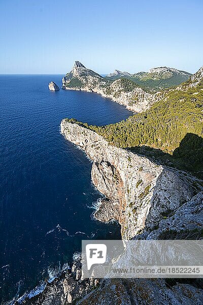 View of rocky cliffs and sea  Cap Formentor  coastal landscape  Pollença  Majorca  Balearic Islands  Spain  Europe