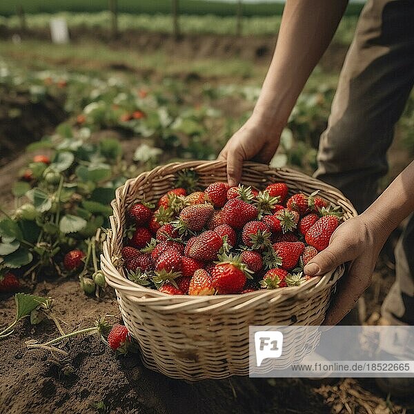 Korb aus Raffiabast mit frischen Erdbeeren in einer natürlichen Umgebung auf einem Feld  ai erzeugt