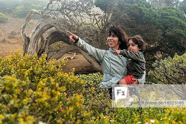 Mutter und Sohn betrachten die Blumen neben einem Sabinar Baum  der vom Wind auf El Hierro verdreht wurde  während es neblig ist. Kanarische Inseln